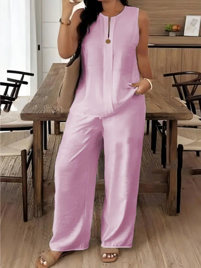 Vintage Button Tank Top and Elastic Waist Pants Set for Women
