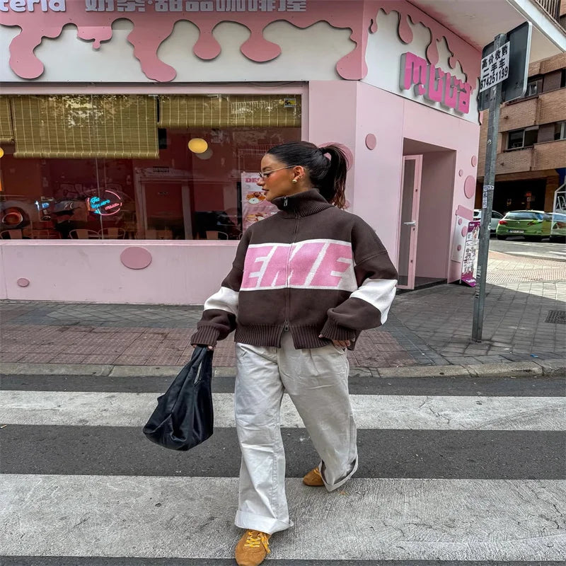 Letter Women 's Sweater Stand Collar Y2k Knit Sweaters For Woman Zipper Full Sleeve Tops Female 2025 Winter Men Jacket Knitwear