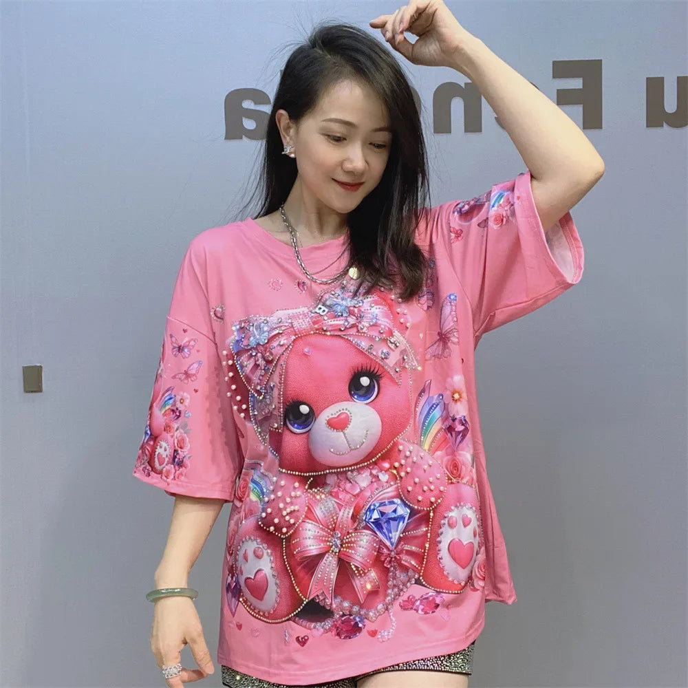 Cartoon Bear Heavy Industry Bead Crew Neck Short Sleeve T-Shirt Summer Printed Fashion Half Sleeve Top Women's Clothing