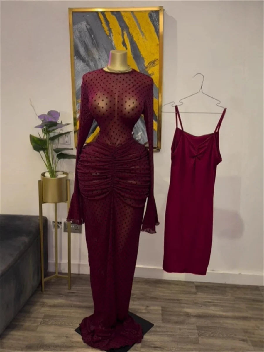 Dotted Strap Maxi Dress With Ruched Sleeves for Women