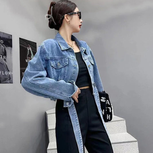 Short High Waist Denim Jackets Women Outwear New Spring Autumn 2025 Loose Belt Design Korean Joker Single-Breasted Jeans Jacket