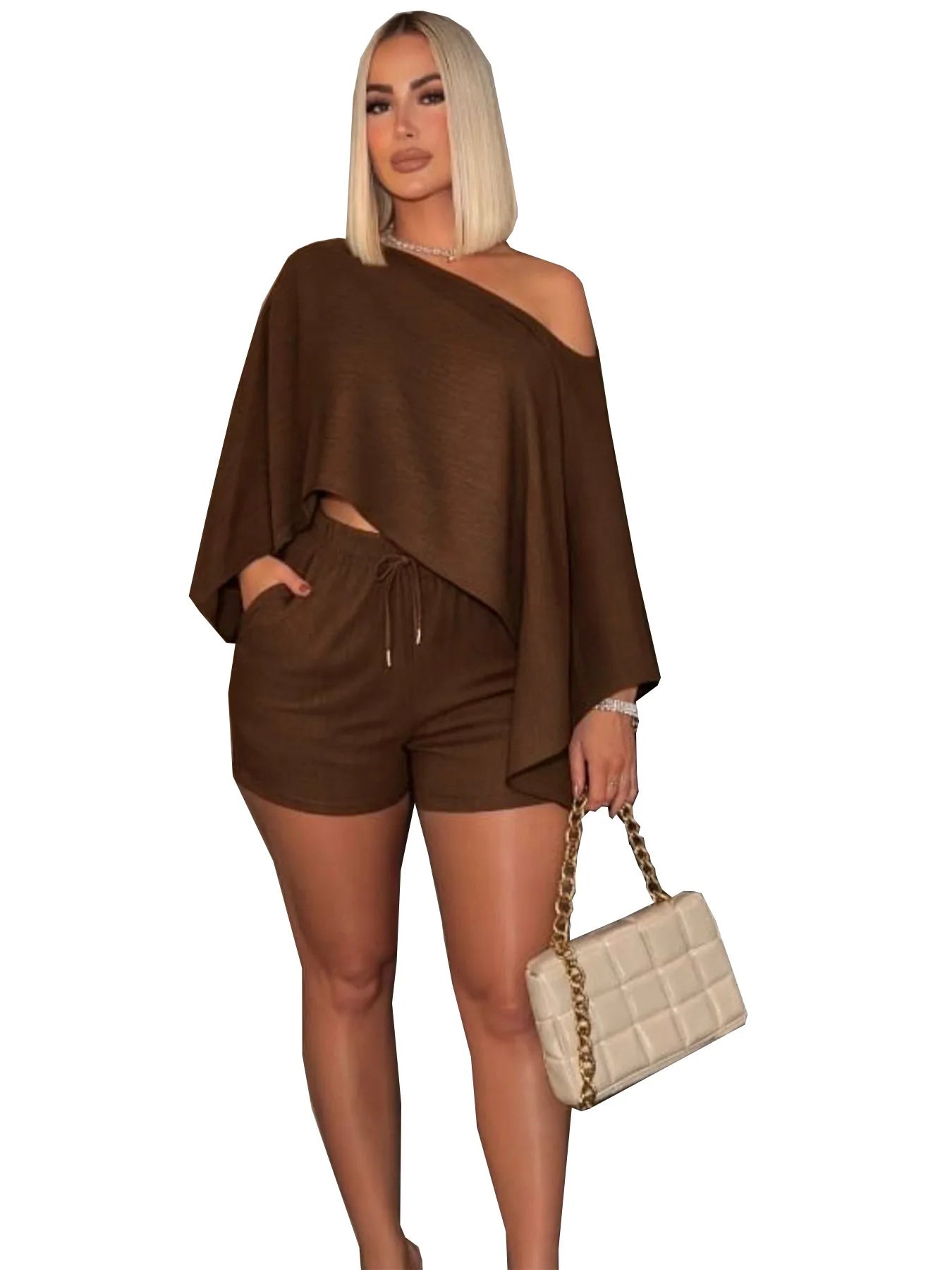 Off Shoulder Bat Sleeve Top Two Piece Set for Women