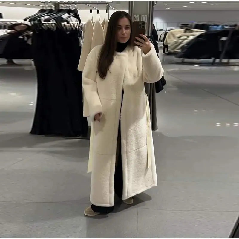 Lace Up Elegant White Faux Fur Long Coat for Women