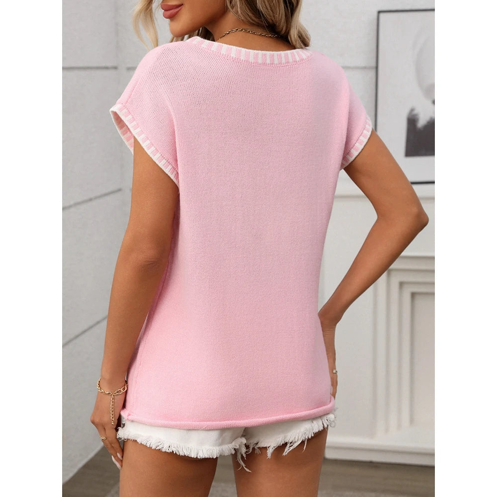 2025 Summer Women's Striped Ribbed Knitted V Neck Short Sleeve T-Shirts Femme Fashion Colorblock Casual Tops Streetwear