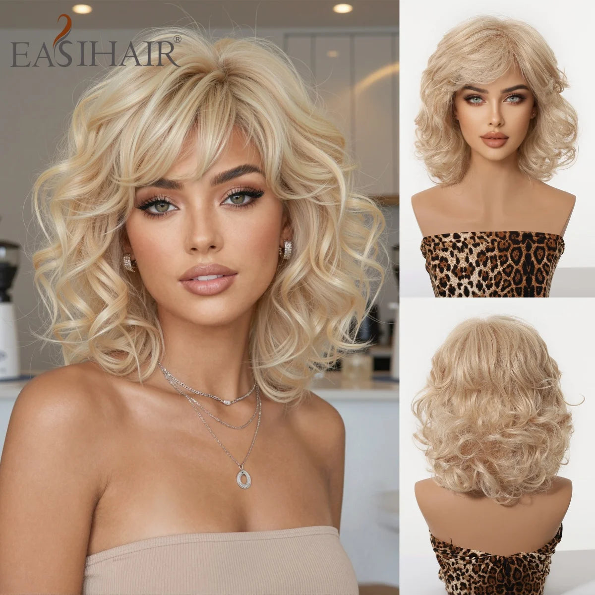 Platinum Blonde Short Wavy Bob Wig With Bangs for Women