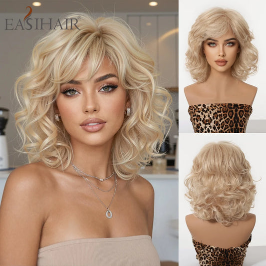 Platinum Blonde Short Wavy Bob Wig With Bangs for Women