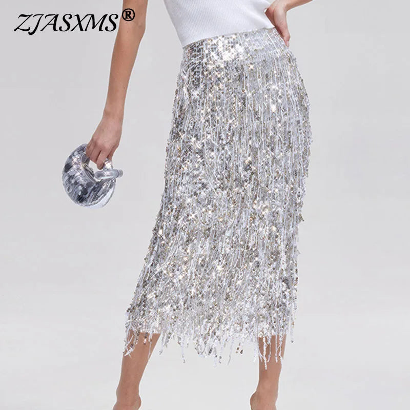 High Waist Sequined Split Tassel Midi Skirt for Women