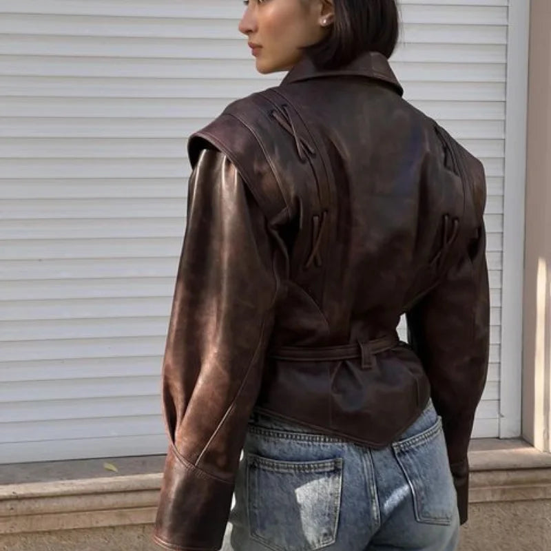 Women Leather Bomber Jackets Coats With Belt Notched Shoulder Pads Motorcycle Street Chic Short Outwear Fashion Solid Lace Up