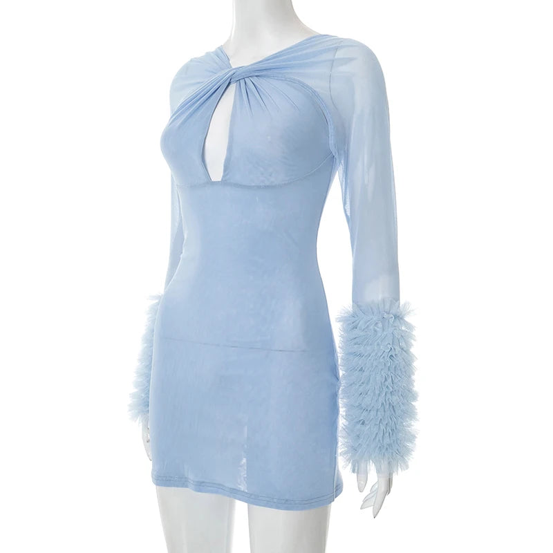 Weird Puss Furry Patchwork Dress Women See Through Full Sleeve Sexy Hollow Cross Elegant Luxury Banquet Birthday Party Clubwear