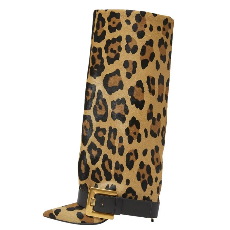 Design Women Metal High Heel Pointed Toe Belt Buckle Knee High Boots Sexy Women Pointy Gold Belt Buckle Knee Boots Plus Size 46