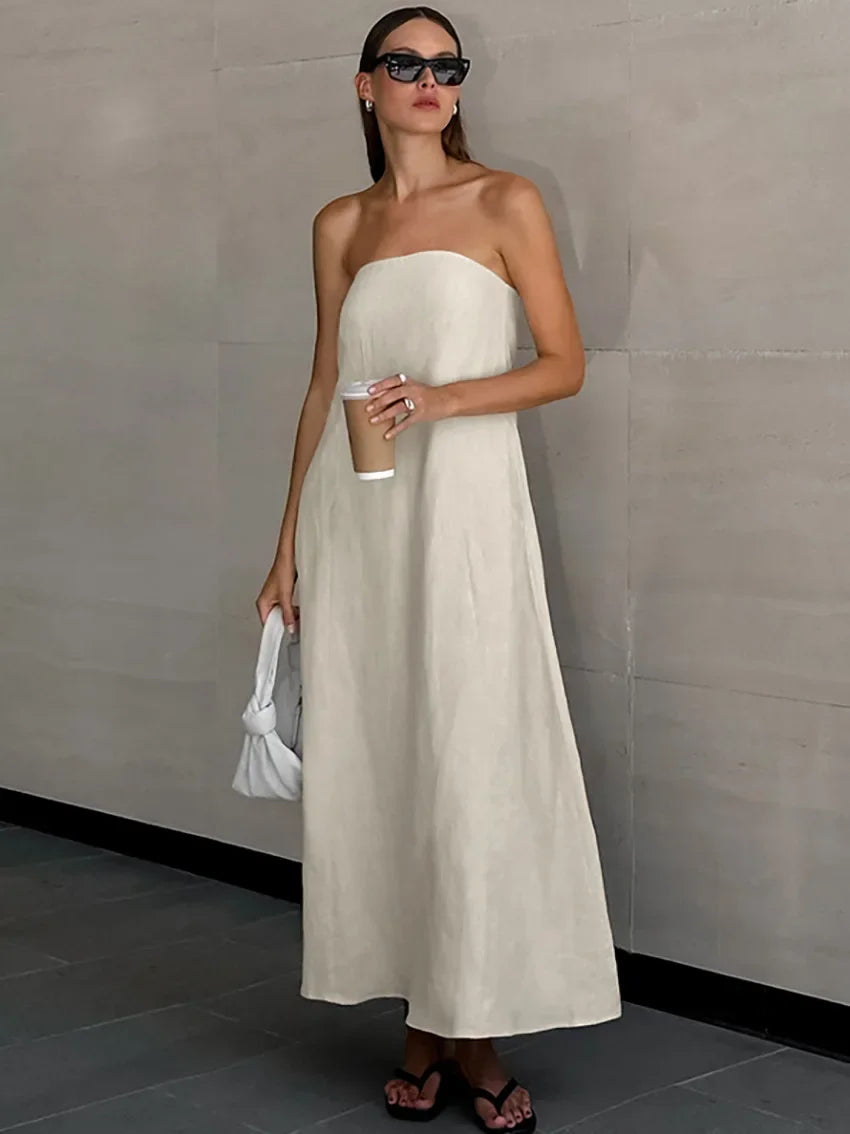 Solid Color Strapless Sleeveless Pocket Dress for Women