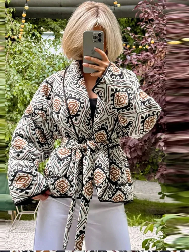 Printed Cotton Padded Winter Coat with V Neck for Women