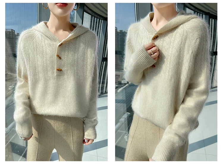 Chunky Knit Loose Hooded Pullover Sweater for Women