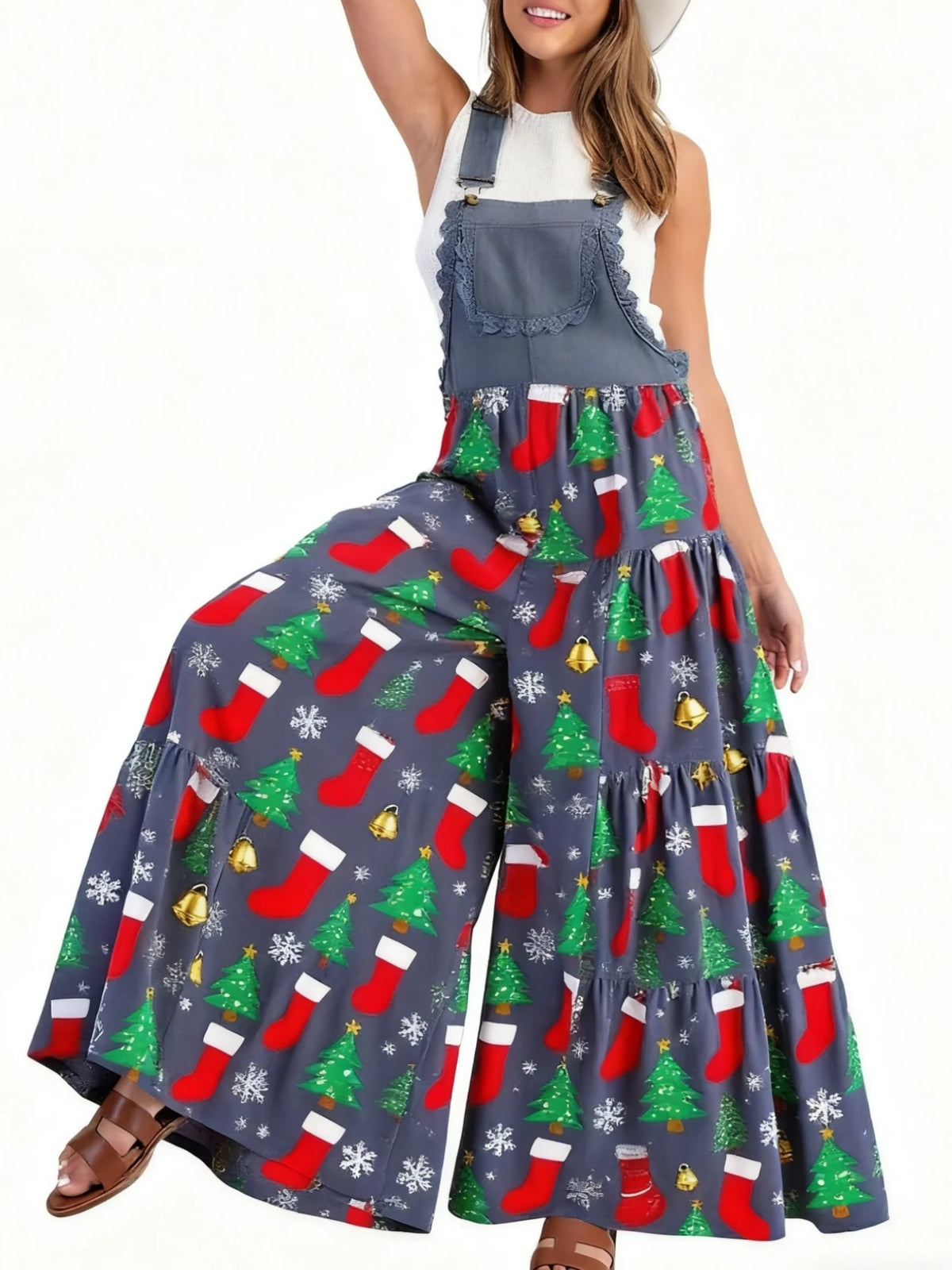 Christmas Print Wide Leg Lace Patchwork Jumpsuit for Women