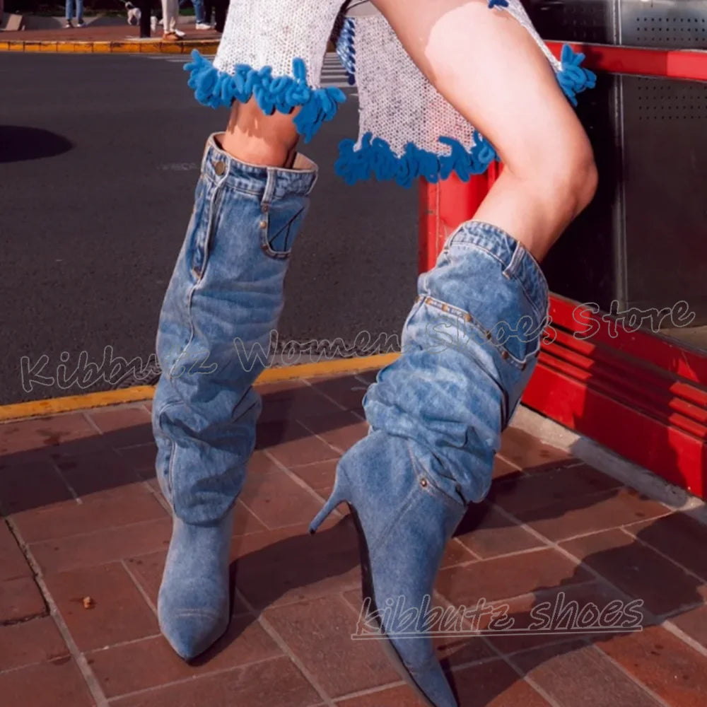 Pocket Over The Knee Boots Denim Cloth Slip-On Bottom Solid Color Novelty Fashion Concise Sexy Hot Girls Shoes Pointy Thin Heels
