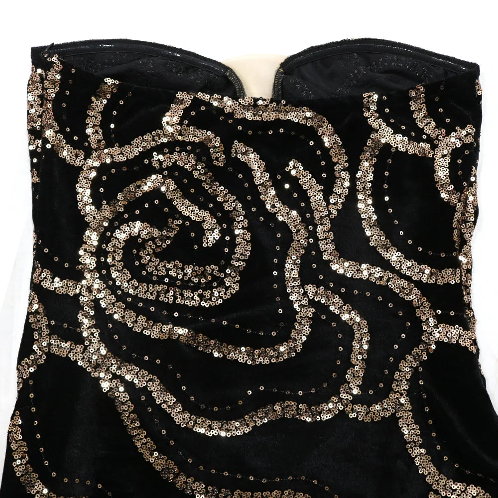 Sweetheart Strapless Deep V Velvet Rhinestone Rose Pattern Maxi Dress for Women