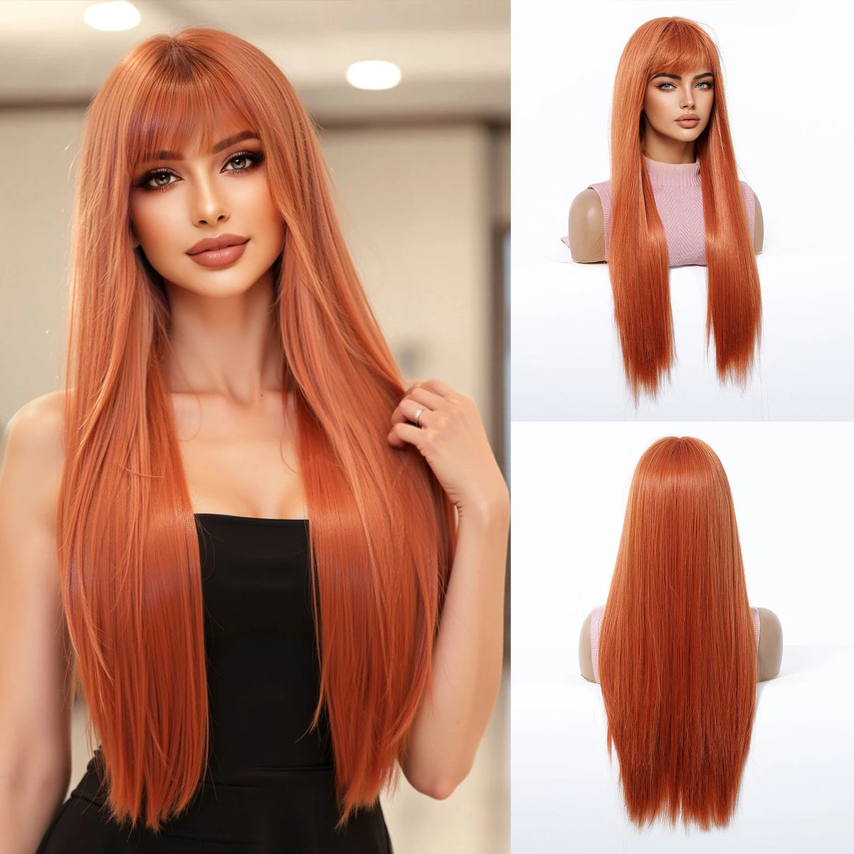 Long Straight Synthetic Wig With Bangs and Red Highlights for Women