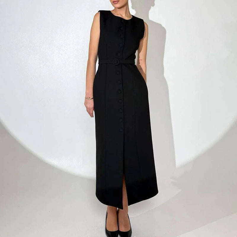 Elegant Temperament Slim Women's A-line Dress Summer Casual O Neck Button Office Dress Simple Solid Color Sleeveless Long Dress