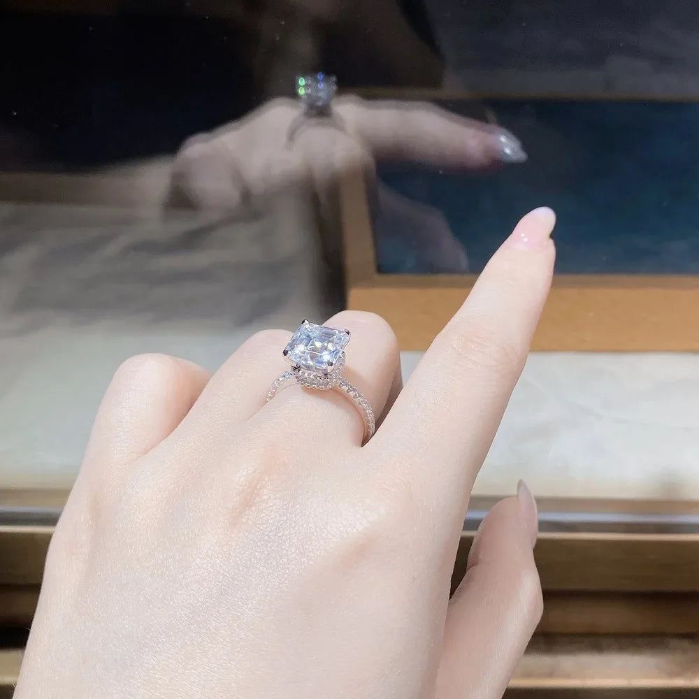 PANSYSEN Luxury 925 Sterling Silver 9*9MM Asscher Cut Real Moissanite Wedding Engagement Ring 18K White Gold Plated Fine Jewelry