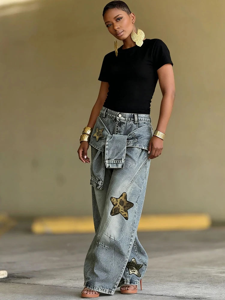 Vintage Washed Wide Leg Hip Hop Denim Jeans for Women