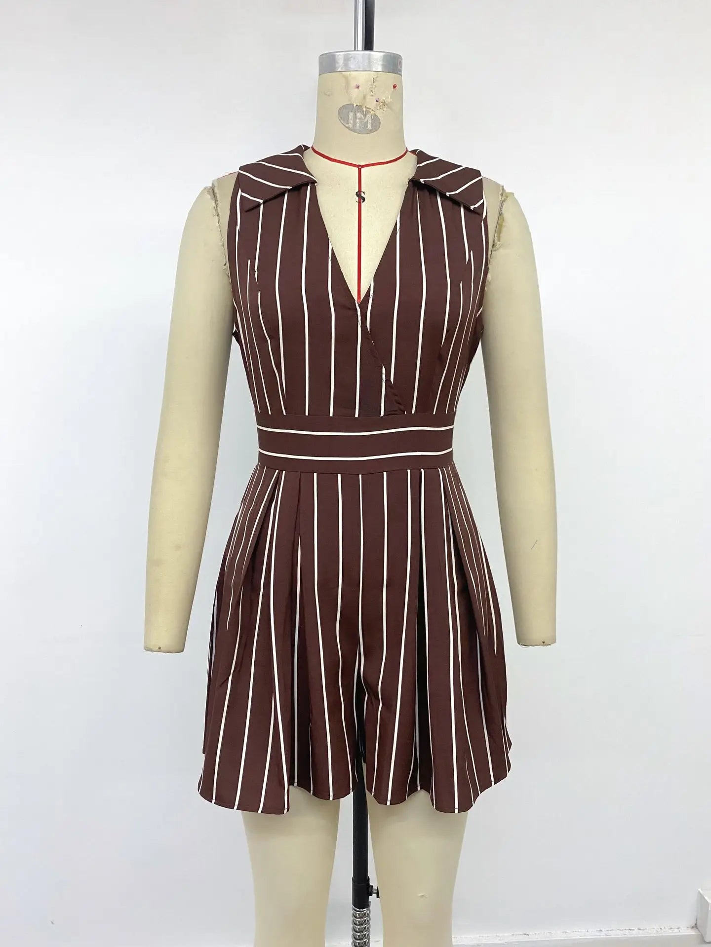 Striped Sleeveless Lapel V Neck High Waist Romper Shorts for Women
