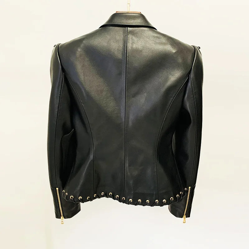 Mandarin Collar Lace-Up Faux Leather Jacket for Women