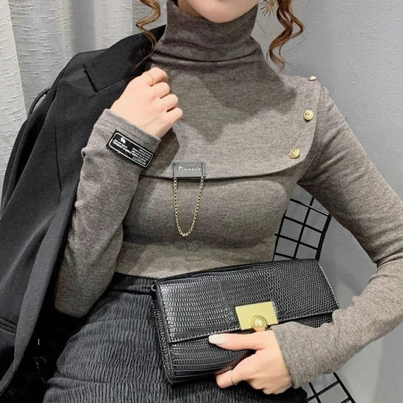 Elegant Button Detail Knit Turtleneck Sweater For Women
