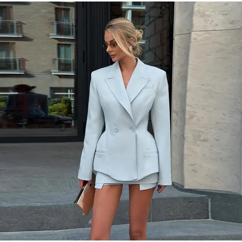 Double-Breasted Blazer and Mini Shorts Set for Women