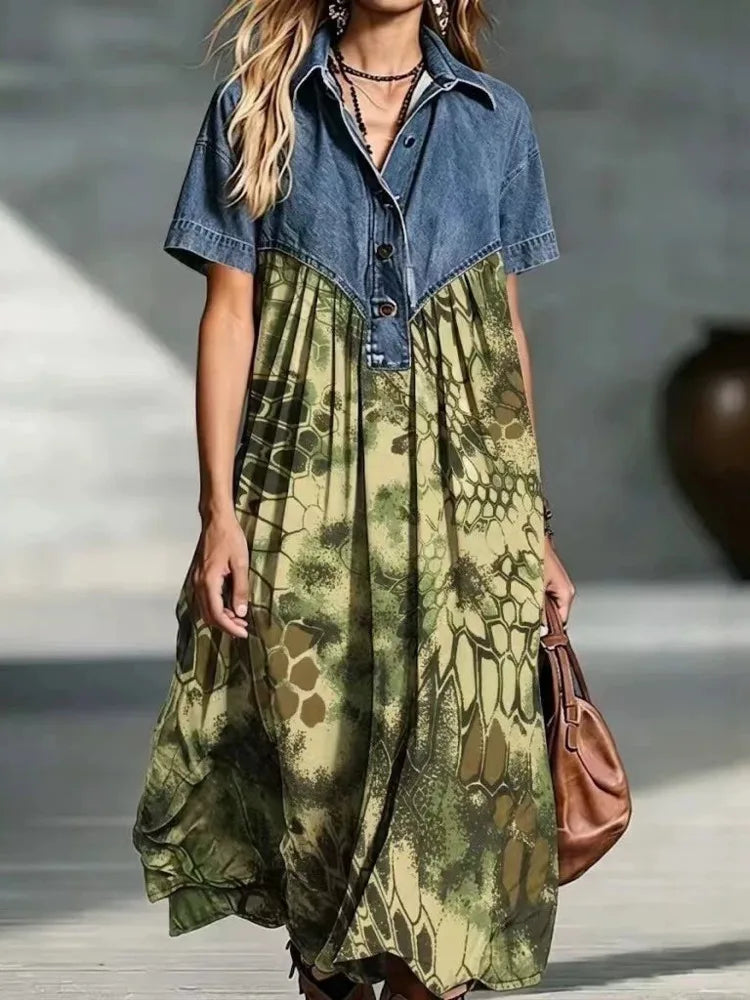 Leopard Print Denim Panel Maxi Dress
