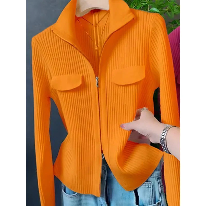 Fashion Zipper Short Knitted Cardigan Sweater 2025 Spring Autumn New Korean Versatile Coat Top Turn-Down Col Sweater Solid Color