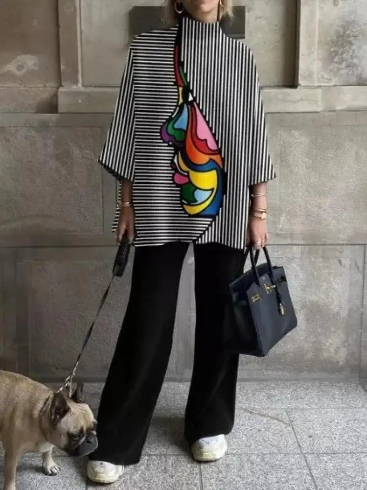 UOOZEE Fashion Women Striped Printed Stand Collar T-Shirts 2025 New Spring Summer Loose Casual Going Out Korean Style Tops