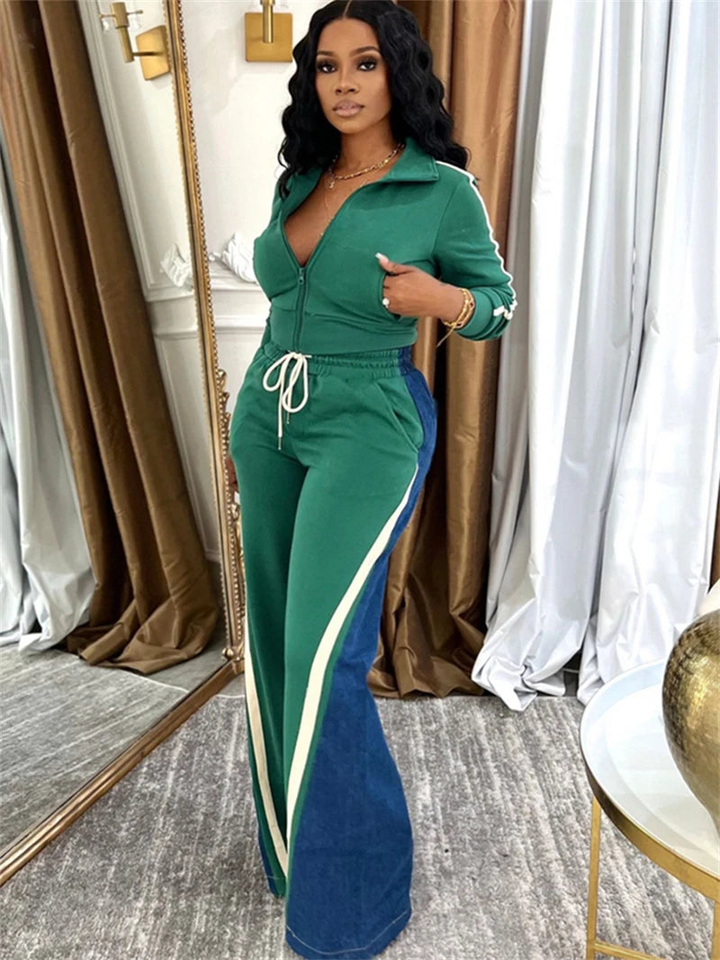 Colorblock Zip Top And Patchwork Pants Set for Women