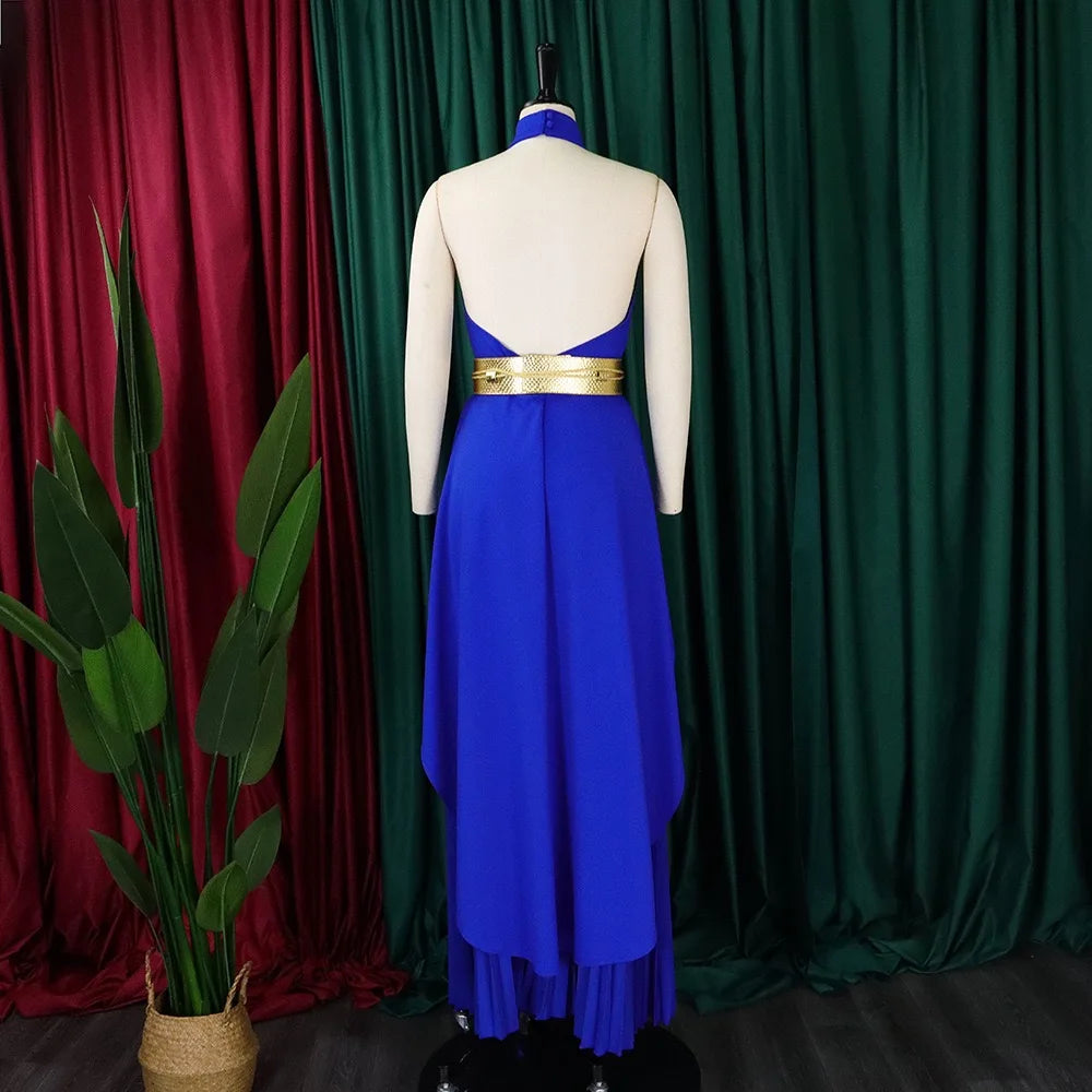 2 Pieces Pants Sets Womens Outfits Blouse Extra Long Sleeveless Backless Belt Waisted & Wide Leg Pants Pleated Floor Length Sets