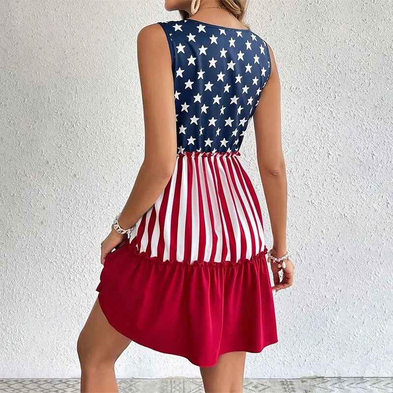 Midi Dress High Waist Ruffle Casual Sleeveless Women American Flag Star Mini Summer Girl Beach Female Vest Dress Gyaru Clothes