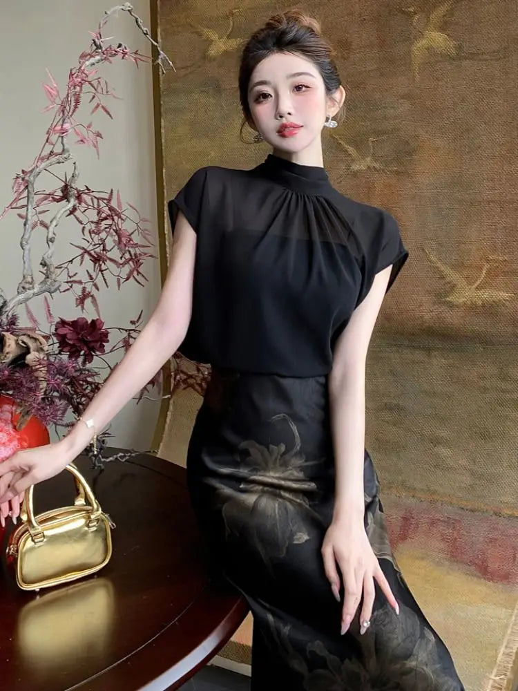 Chiffon Stand Collar Black Printed Three Piece Set for Women