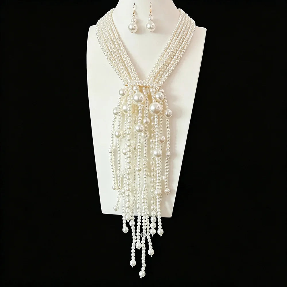 Elegant Layered Imitation Pearl Tassel Necklace for Women