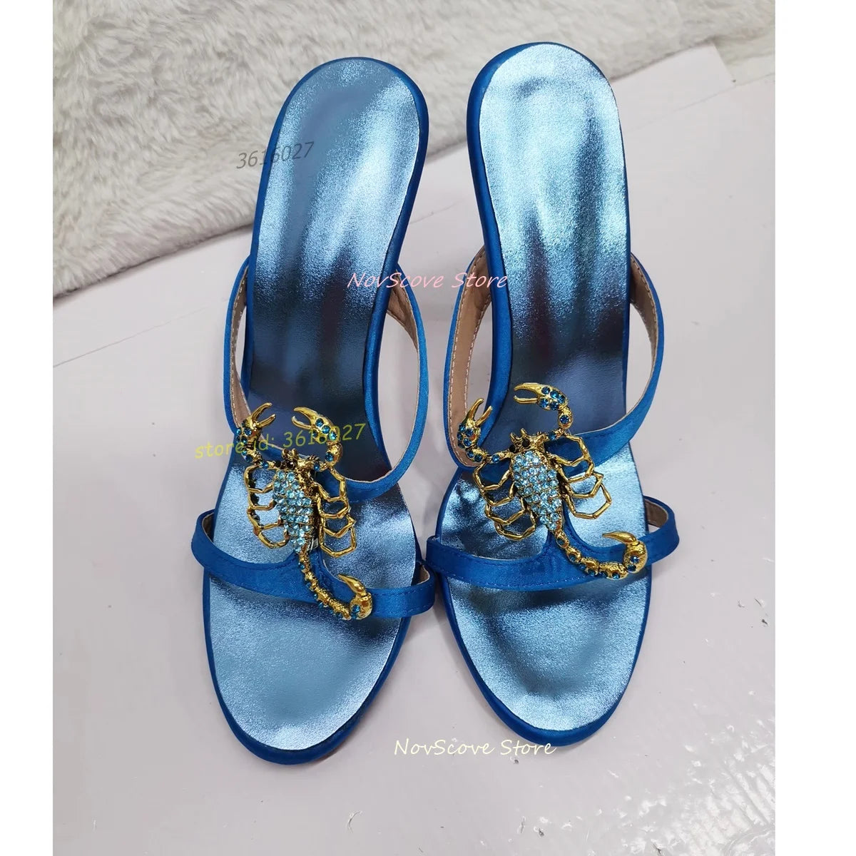 Blue Rhinestone Scorpion Open Toe Stiletto Mules For Women
