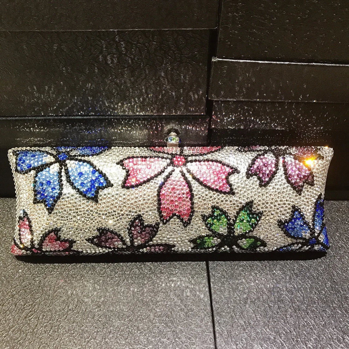 Sparkling Crystal Quilted Hard Case Clutch Bag for Women