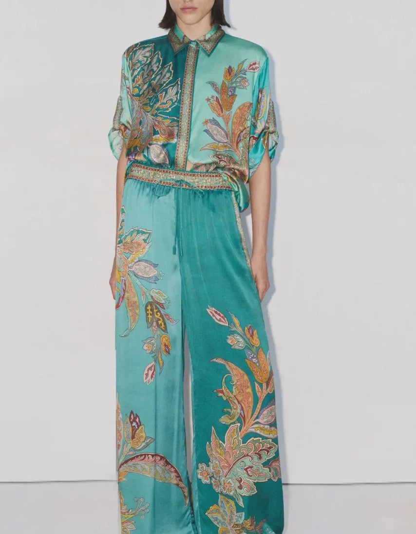 Womens Two Piece Suit Set With Long Sleeve Shirt And Wide Leg Trousers Retro Print Spring Summer Style