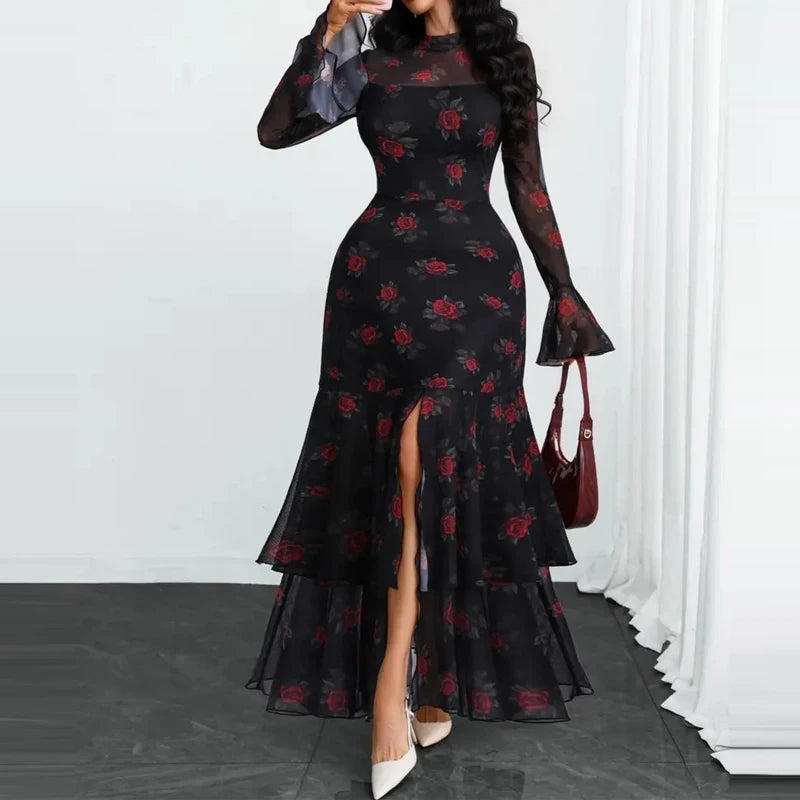 Pleated Polka Dot Ruffle Sleeve Maxi Dress for Women