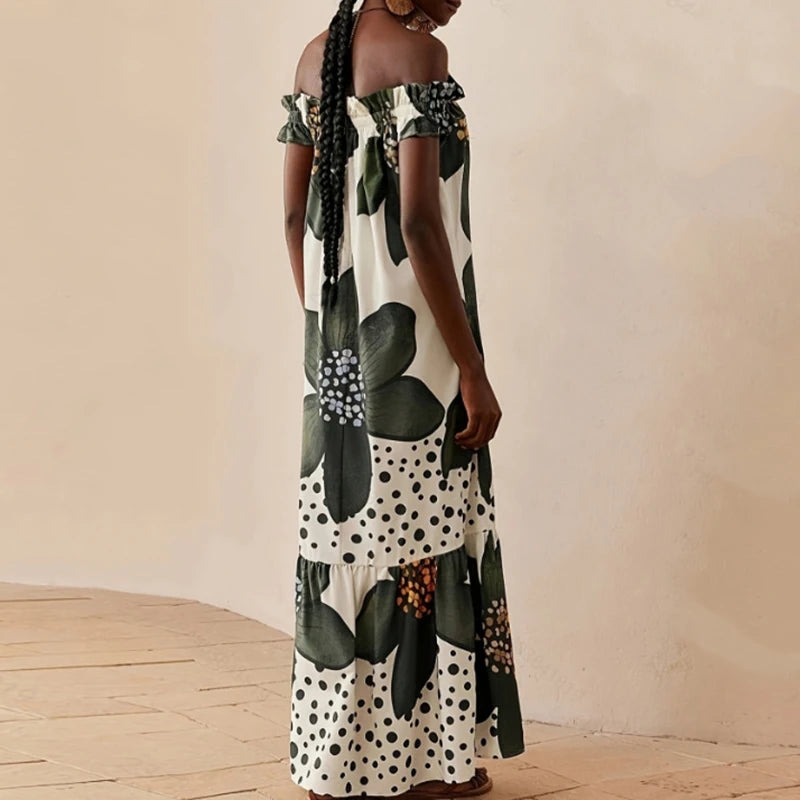Sexy Off Shoulder Hight Waist Holiday Dress Fashion Pattern Print Loose Party Dress Women's Casual Short Sleeve Bohe Long Dress