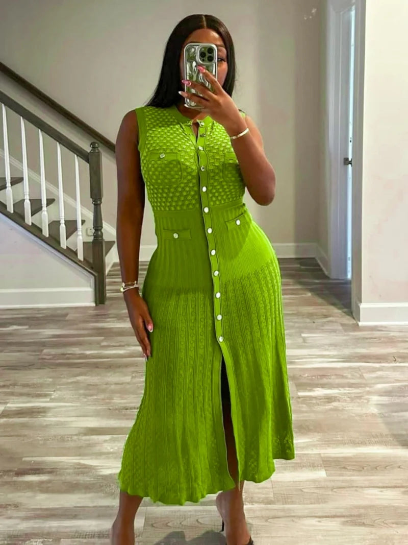 Sleeveless Knitted Bodycon Mid Calf Dress for Women