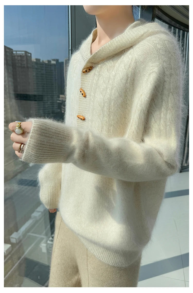 Chunky Knit Loose Hooded Pullover Sweater for Women