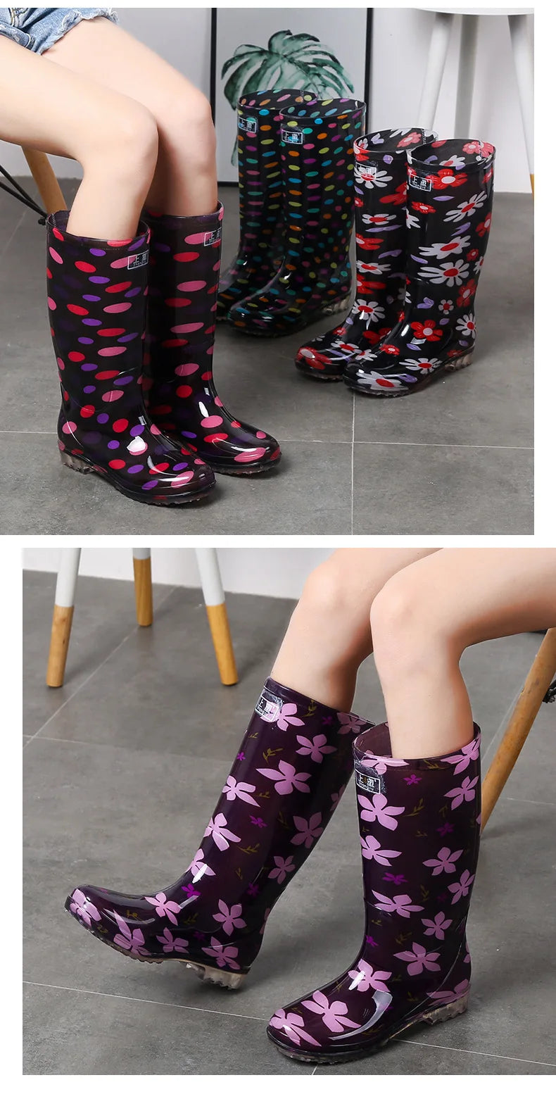 Floral Printed Anti Slip Comfortable Rain Boots For Women