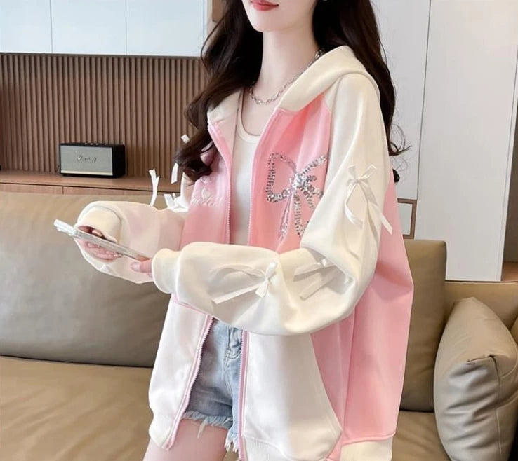Woman Hooded Tops Bow Y2k Style Kpop Youthful Clothes Sweat-shirt Essential Matching Full Zip Up Hoodies Sweatshirt for Women