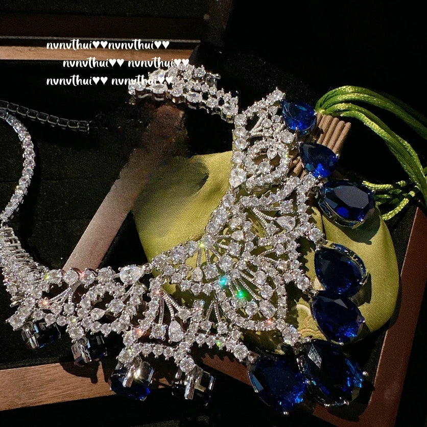 Royal Blue Teardrop Zircon Necklace and Earring Set for Women