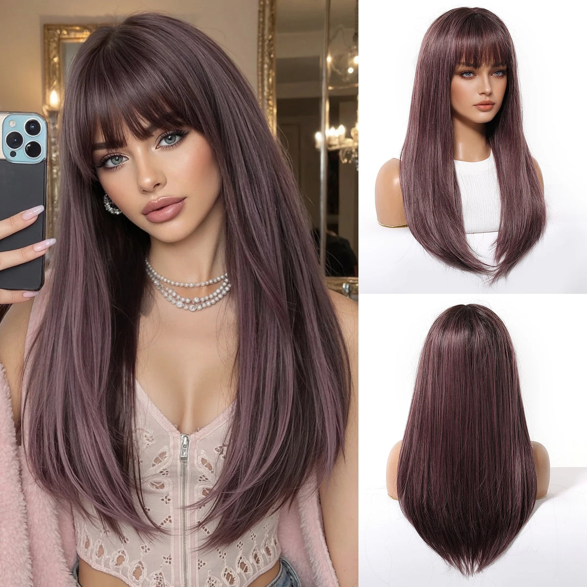 Long Straight Synthetic Wig With Bangs and Red Highlights for Women