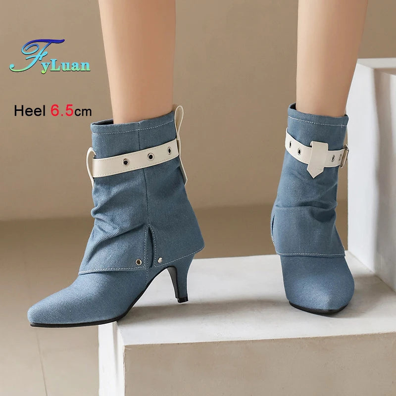 Western Style Denim Autumn Pointy Toe Ankle Boots With Belt Buckle for Women