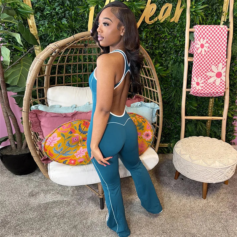 FAGADOER Fashion Striped Patchwork Bodycon Jumpsuits Women Sleeveless Backless Hollow Out Rompers Female Streetwear Overall New
