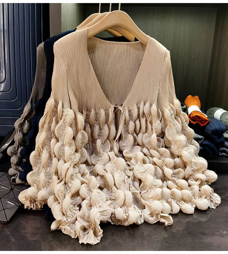 Elegant Lace Up Pleated Long Sleeve Coat for Women